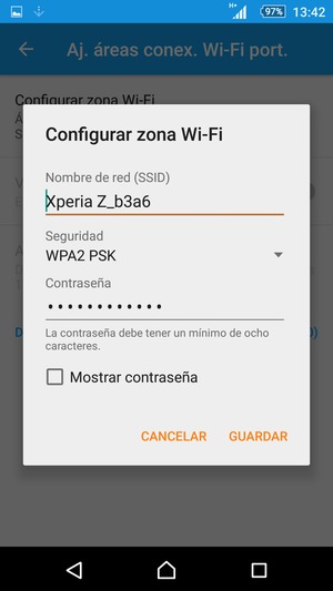 Introduzca una contraseña de punto de acceso Wi-Fi de al menos 8 caracteres y seleccione GUARDAR