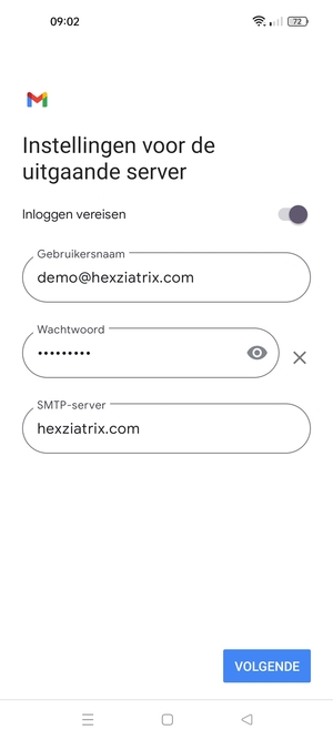 Voer Uitgaand serveradres in en selecteer VOLGENDE