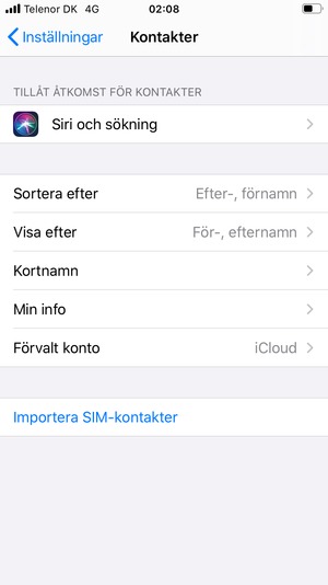 Scrolla till och välj Importera SIM-kontakter