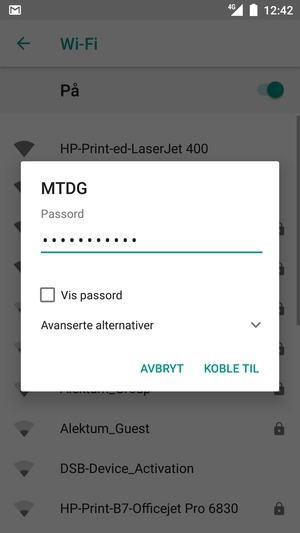Skriv inn Wi-Fi-passord og velg KOBLE TIL