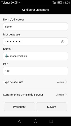 Saisissez votre Nom d'utilisateur et l'adresse du serveur entrant. Sélectionnez Suivant