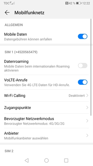 Scrollen Sie zu SIM 1 oder SIM 2 und wählen Sie Zugangspunkte