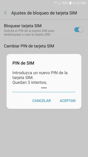 Introduzca su Nuevo PIN de la tarjeta SIM y seleccione ACEPTAR