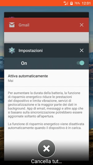 Seleziona Cancella tut... per chiudere tutte le applicazioni in esecuzione