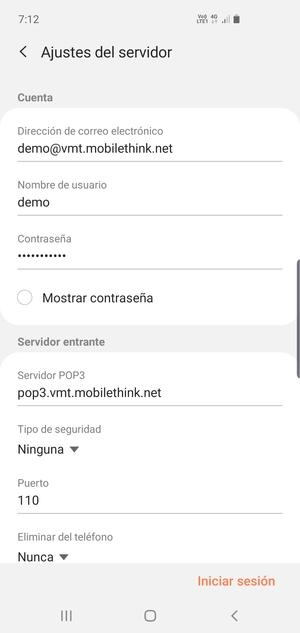 Introduzca Nombre de usuario y la dirección de servidor entrante
