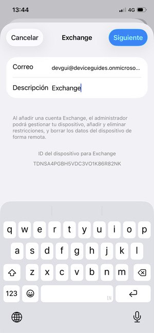 Introduzca su Información de correo electrónico Exchange y seleccione Siguiente