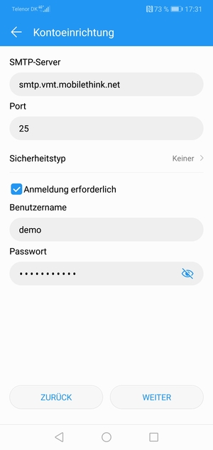 Geben Sie die Server-Adresse für ausgehende Post ein