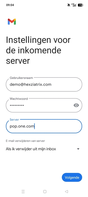 Voer Gebruikersnaam en binnenkomend serveradres in. Selecteer Volgende