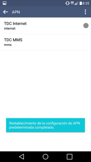 El teléfono se reiniciará con la configuración predeterminada de Internet y MMS