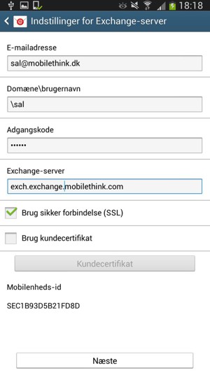 Indtast Brugernavn  og Exchange serveradresse. Vælg Næste