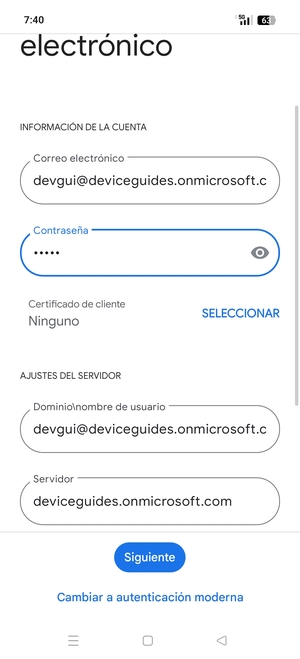 Introduzca Nombre de usuario y la dirección de servidor Exchange. Seleccione Siguiente