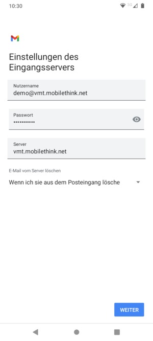 Geben Sie Benutzername und die Server-Adresse für eingehende Post ein. Wählen Sie WEITER