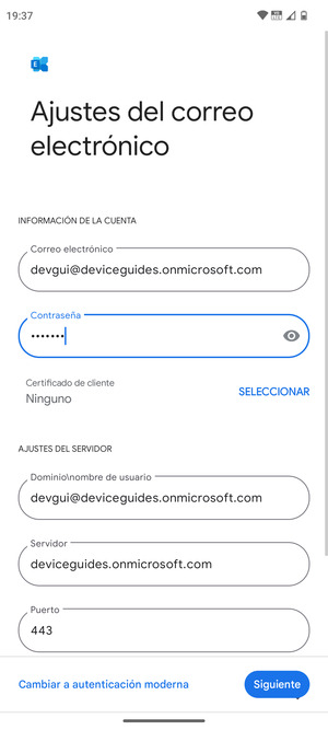 Introduzca Nombre de usuario y la dirección de servidor Exchange. Seleccione Siguiente