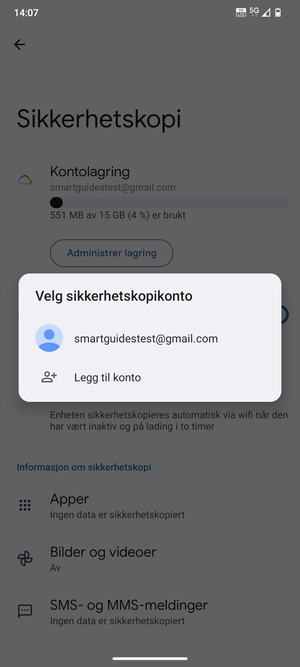 Velg sikkerhetskopi-kontoen din