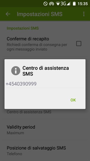Inserisci il numero di Centro di assistenza SMS e seleziona OK