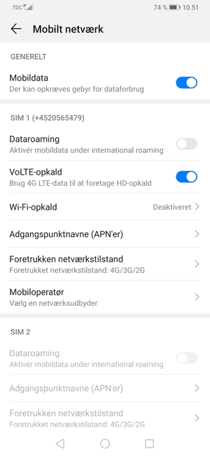 Scroll til SIM 1 eller SIM 2 og vælg Adgangspunktnavne (APN'er)
