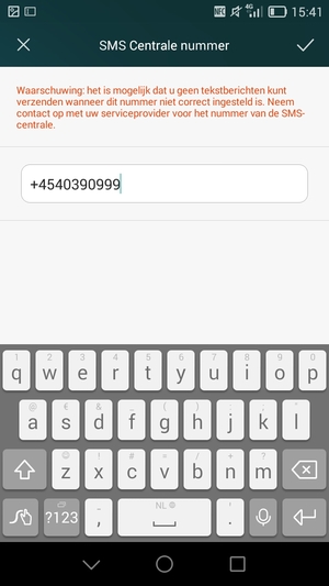 Voer het SMS Centrale nummer in en selecteer OK / OPSLAAN