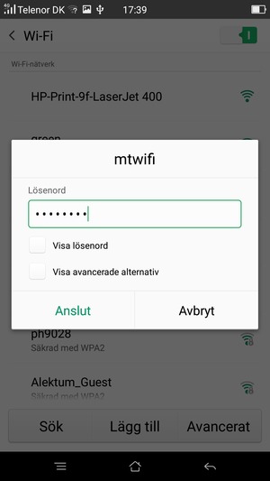 Ange lösenord till Wi-Fi och välj Anslut