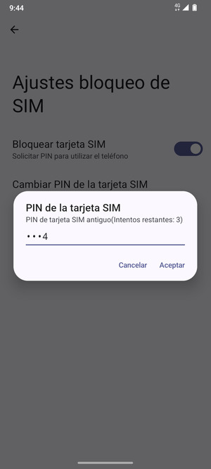 Introduzca PIN de tarjeta SIM antiguo y seleccione Aceptar