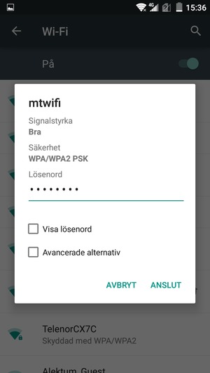 Ange lösenord till Wi-Fi och välj ANSLUT
