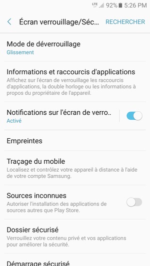 Pour activer votre écran de verrouillage, allez dans le menu Écran verrouillage/Sécurité et sélectionnez Mode de déverrouillage