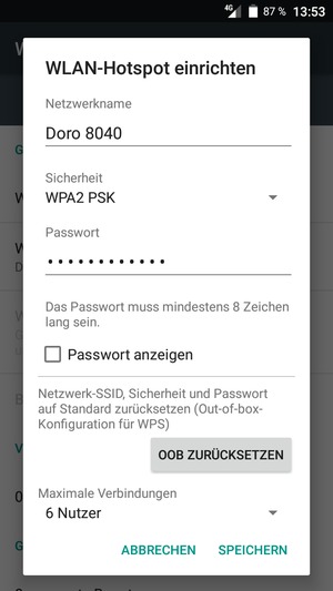 Geben Sie eine WLAN-Hotspot-Passwort mit mindestens 8 Zeichen ein und wählen Sie SPEICHERN