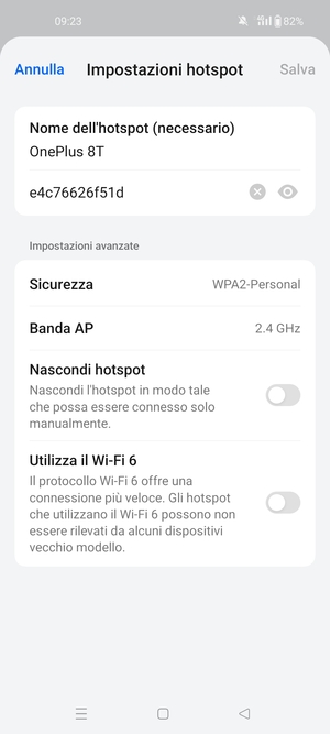 Inserisci una password dell'hotspot Wi-Fi di almeno 8 caratteri e seleziona Salva