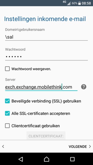 Voer Gebruikersnaam en Exchange serveradres in. Selecteer VOLGENDE