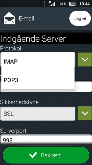Vælg IMAP eller POP3