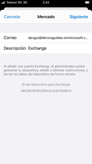 Introduzca su Información de correo electrónico Exchange y seleccione Siguiente