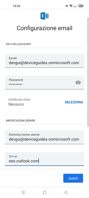 Inserisci Nome utente e l'indirizzo del server Exchange. Seleziona Avanti