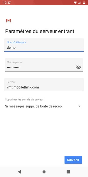 Saisissez votre Nom d'utilisateur et l'adresse du serveur entrant. Sélectionnez SUIVANT