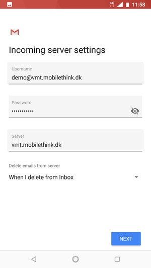 Enter Username and Incoming server address. Select NEXT