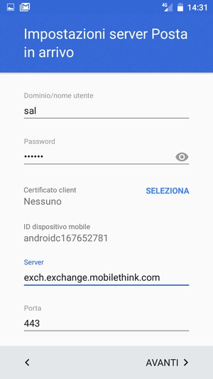 Inserisci Nome utente e l'indirizzo del server Exchange. Seleziona AVANTI