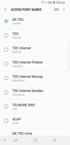 Select the Internet access point