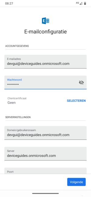 Voer Gebruikersnaam en Exchange serveradres in. Selecteer Volgende
