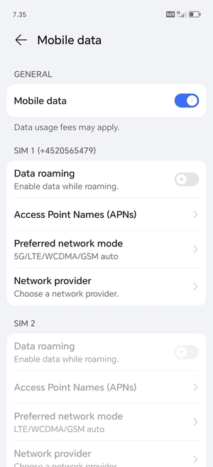 Scroll to SIM 1 or SIM 2 and select Preferred network mode