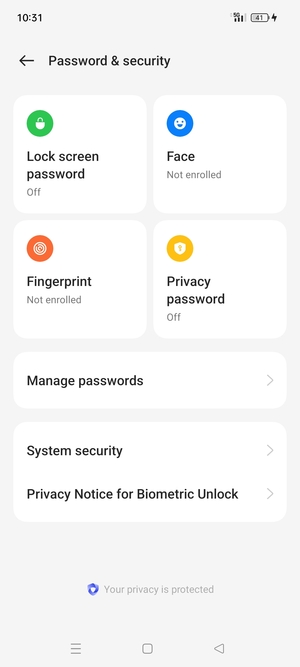 To activate your screen lock, go to the Password & security menu and select Lock screen password