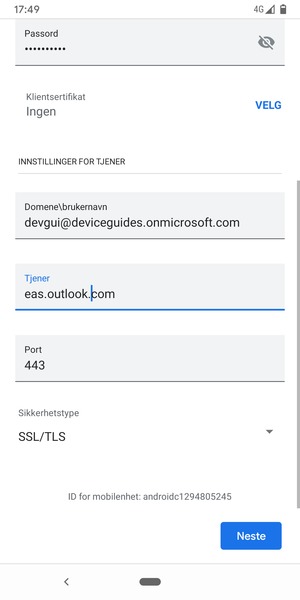 Skriv inn Brukernavn og Exchange serveradresse. Velg Neste