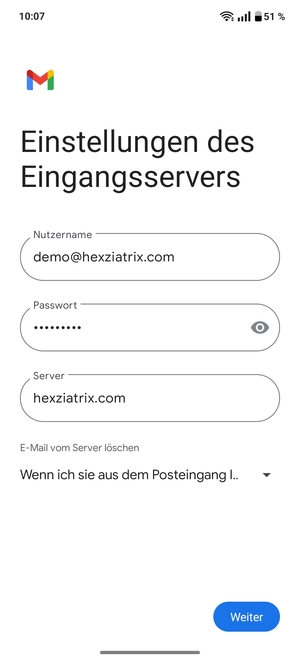 Geben Sie Benutzername und die Server-Adresse für eingehende Post ein. Wählen Sie Weiter