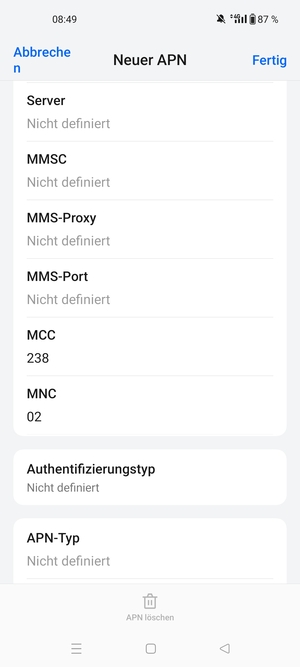 Scrollen Sie nach unten und geben Sie Internetinformationen ein