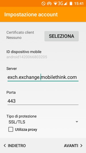 Scorri verso il basso e inserisci l'indirizzo del server Exchange. Seleziona AVANTI