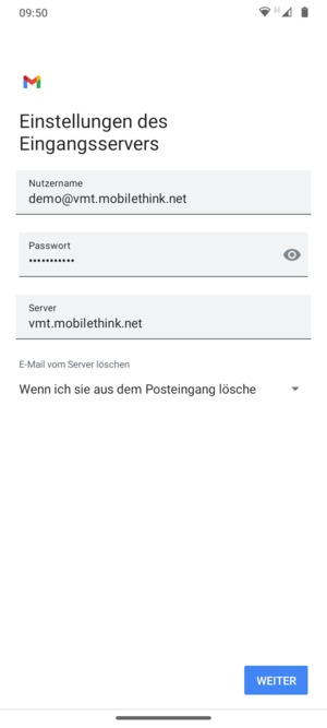 Geben Sie Benutzername und die Server-Adresse für eingehende Post ein. Wählen Sie WEITER