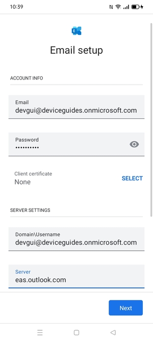 Enter Username and Exchange server address. Select Next