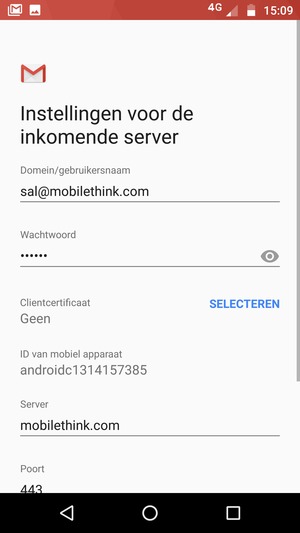 Voer Gebruikersnaam en Exchange serveradres in