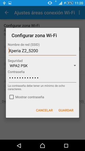 Introduzca una contraseña de punto de acceso Wi-Fi de al menos 8 caracteres y seleccione GUARDAR