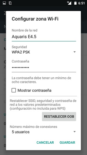 Introduzca una contraseña de punto de acceso Wi-Fi de al menos 8 caracteres y seleccione GUARDAR