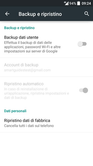Attiva Backup dati utente