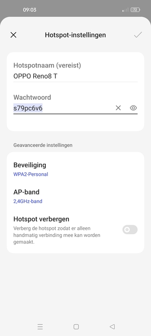 Voer een wachtwoord van een WiFi-hotspot in van ten minste 8 tekens en selecteer OK