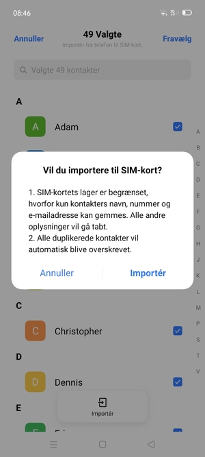 Vælg Importér